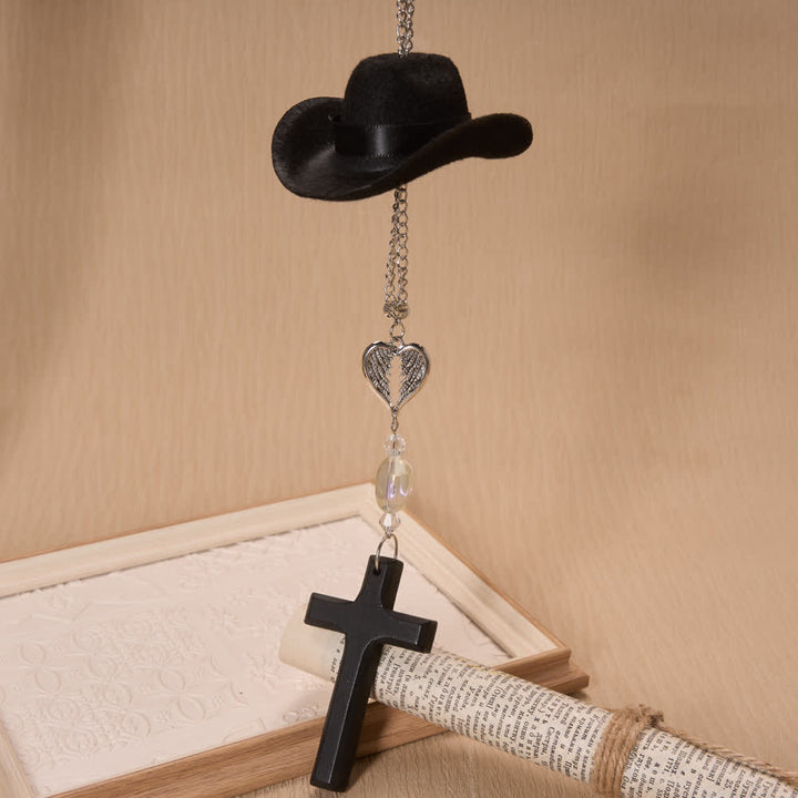 Christianartworkshop Cowboy Hat Angel Wing Wooden Cross Car Pendant: Timeless Token of Faithful Heavenly Safeguard - Black - image 5