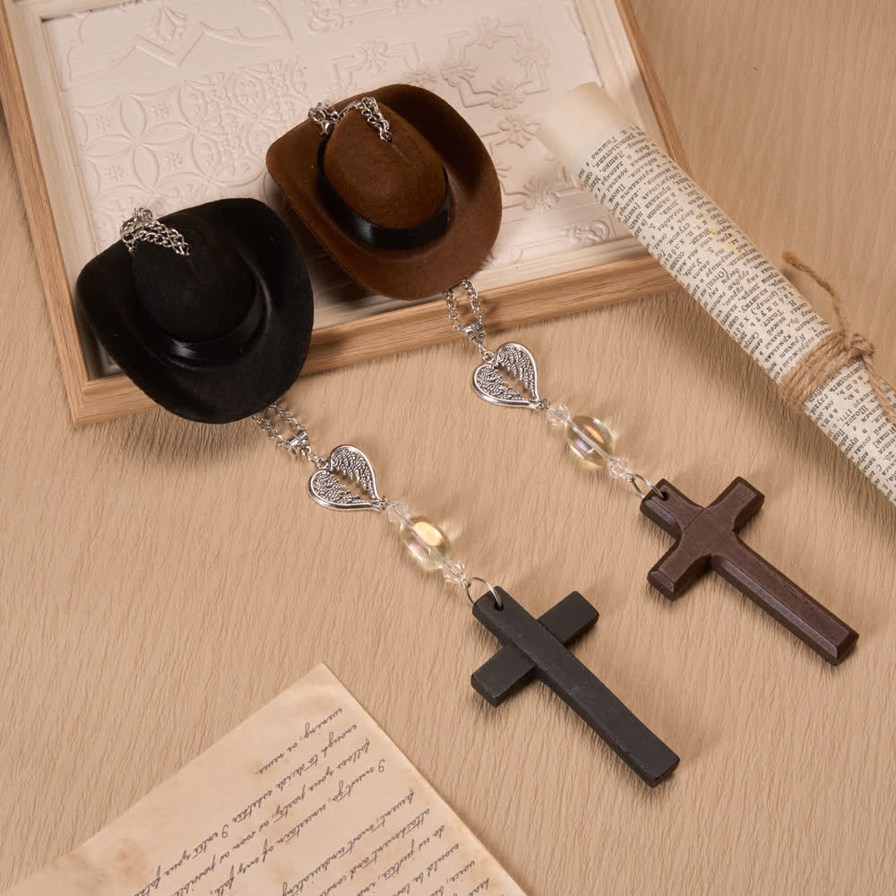 Christianartworkshop Cowboy Hat Angel Wing Wooden Cross Car Pendant: Timeless Token of Faithful Heavenly Safeguard - image 1