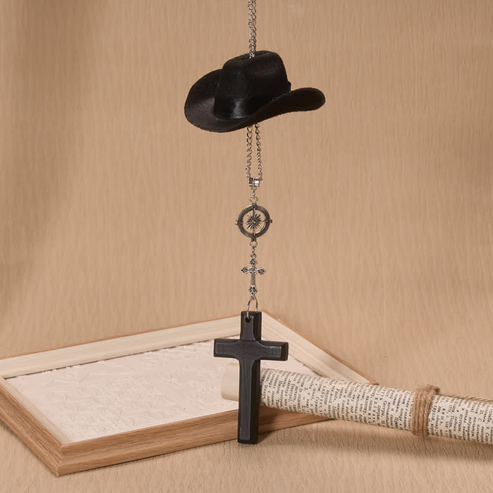 Christianartworkshop Cowboy Hat Compass Wooden Cross Car Pendant: Timeless Token of Steady Heavenly Guidance - Black - image 0