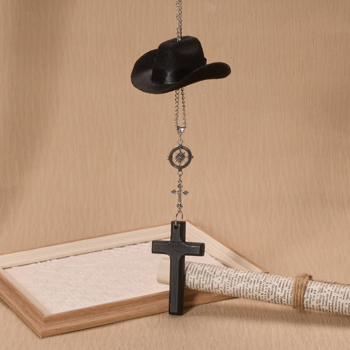 Christianartworkshop Cowboy Hat Compass Wooden Cross Car Pendant: Timeless Token of Steady Heavenly Guidance - Black - image 0