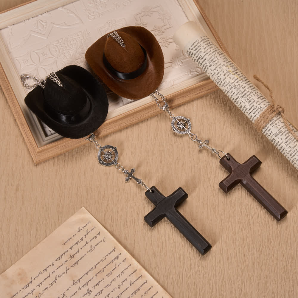 Christianartworkshop Cowboy Hat Compass Wooden Cross Car Pendant: Timeless Token of Steady Heavenly Guidance - image 1