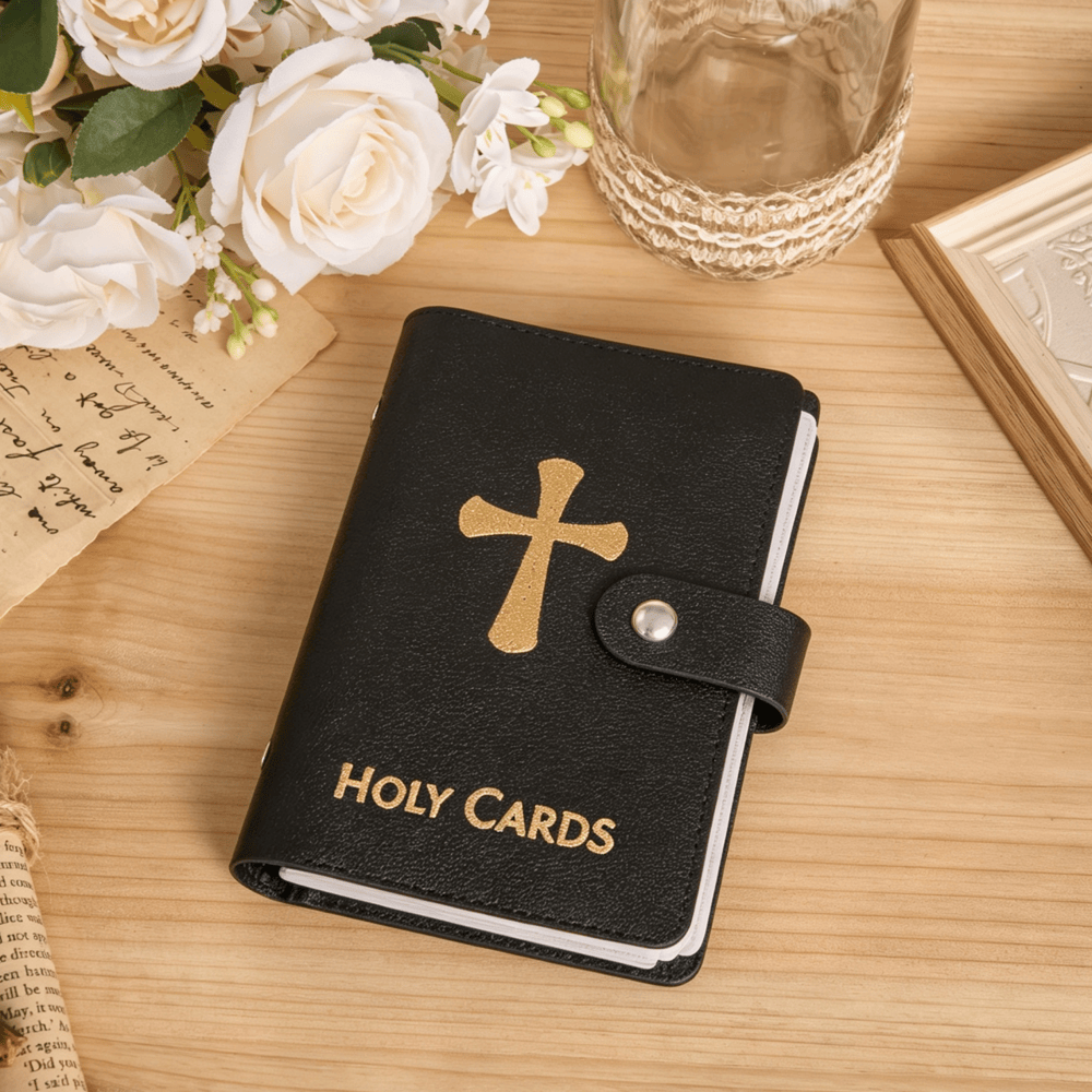 Christianartworkshop Multicolor Cross Leather Holy Cards Album with Packs of 54 Saint Portrait Cards - Black - No Cards - image 15