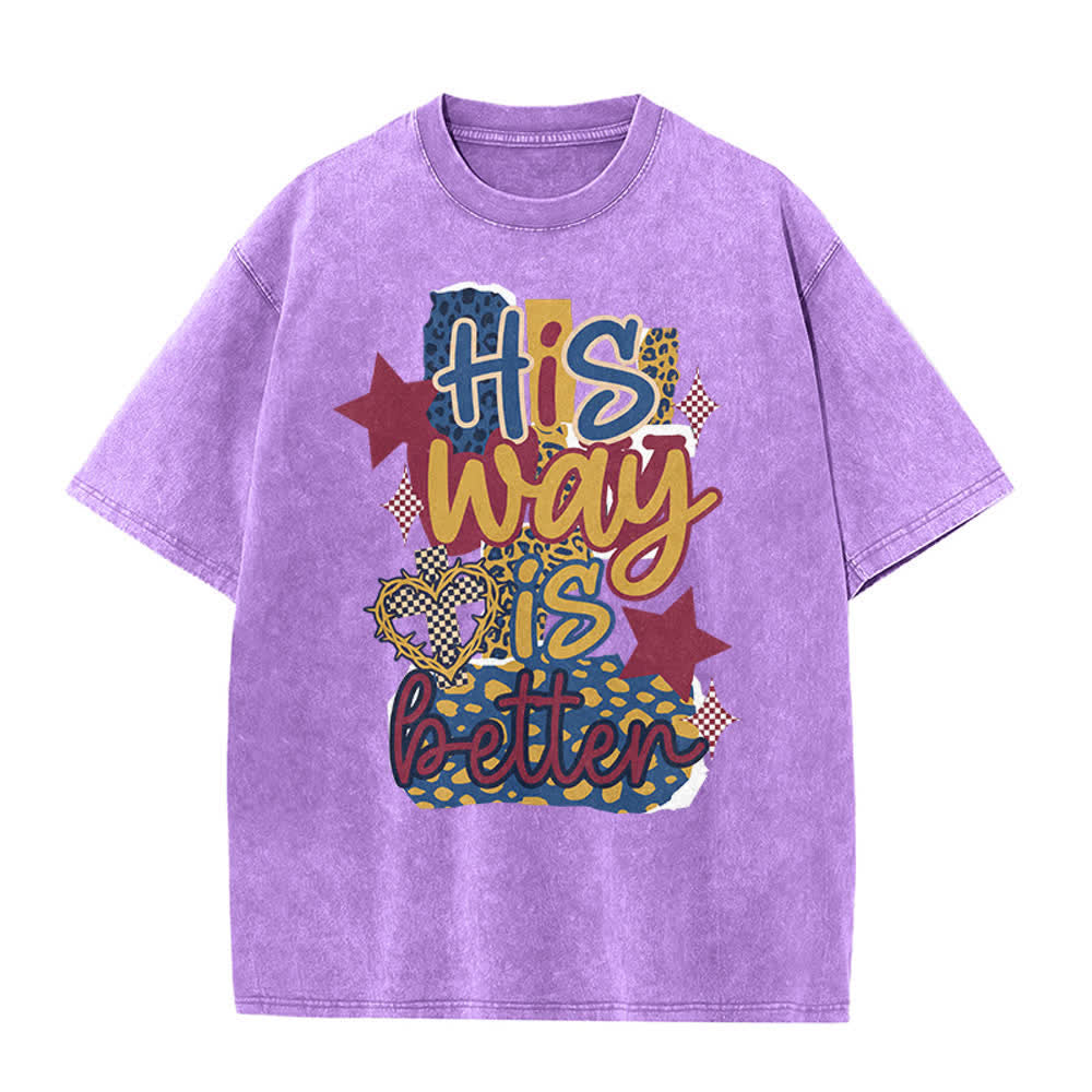Christianartworkshop BHis Way Is Better Leopard Patch Thorn Heart Star Vintage Washed Graphic T-Shirt - Purple - 5XL - image 0