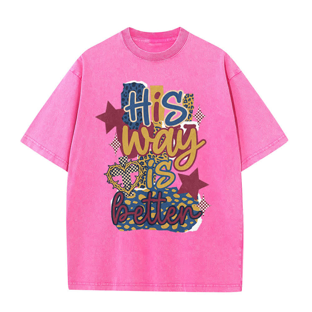 Christianartworkshop BHis Way Is Better Leopard Patch Thorn Heart Star Vintage Washed Graphic T-Shirt - Pink - 5XL - image 1