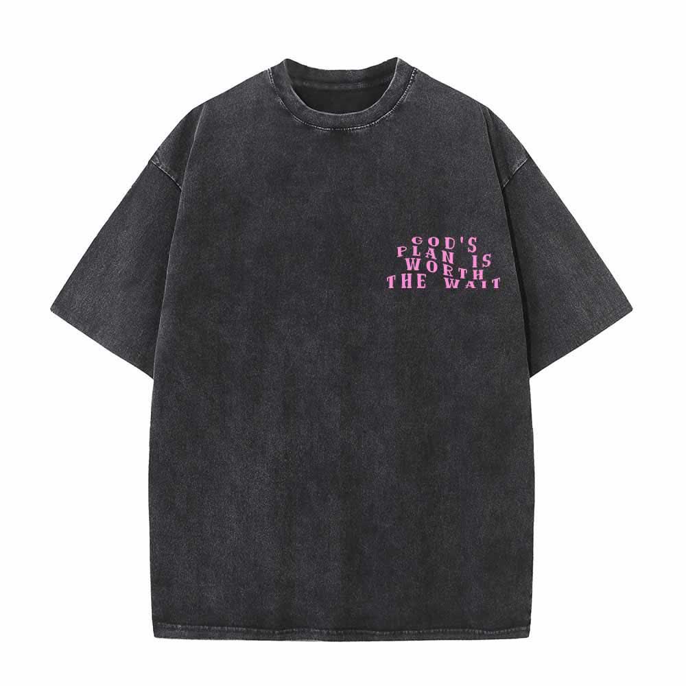 Christianartworkshop God's Plan Is Worth The Wait Front Mini Stack Text Back Arch Large Font Dual-Sided Washed T-Shirt - image 11