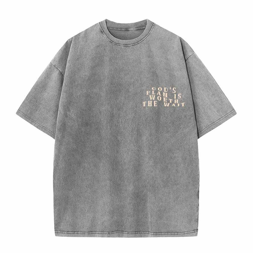Christianartworkshop God's Plan Is Worth The Wait Front Mini Stack Text Back Arch Large Font Dual-Sided Washed T-Shirt - image 5