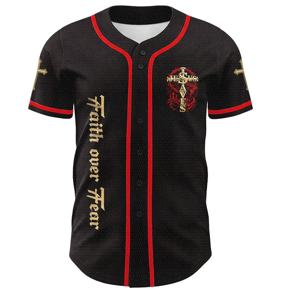 Christianartworkshop Faith Over Fear Jesus Saves Thorn Cross Unisex Baseball Jersey - image 5
