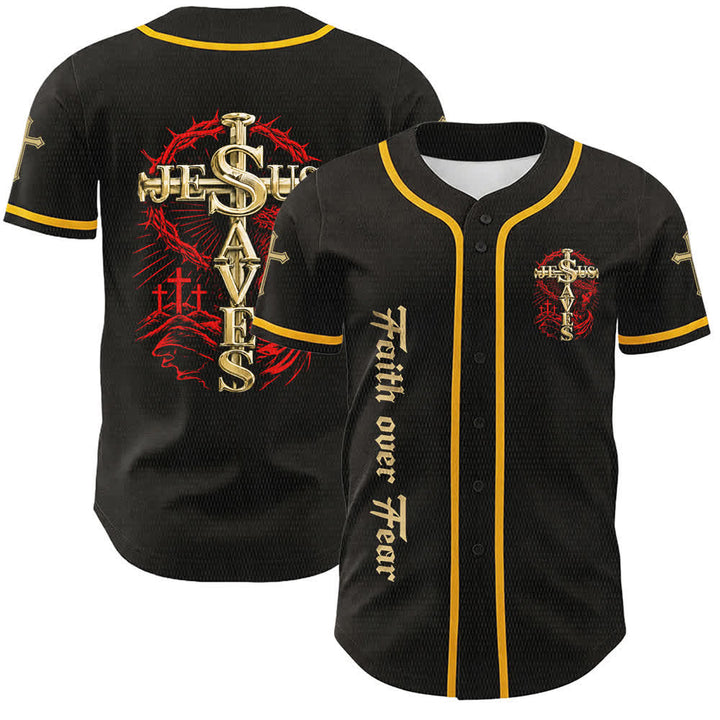 Christianartworkshop Faith Over Fear Jesus Saves Thorn Cross Unisex Baseball Jersey - Yellow - 5XL - image 0