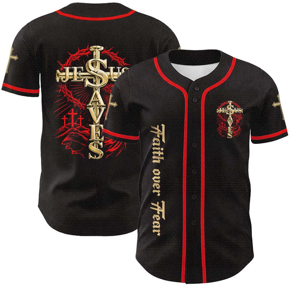 Christianartworkshop Faith Over Fear Jesus Saves Thorn Cross Unisex Baseball Jersey - Red - 5XL - image 3