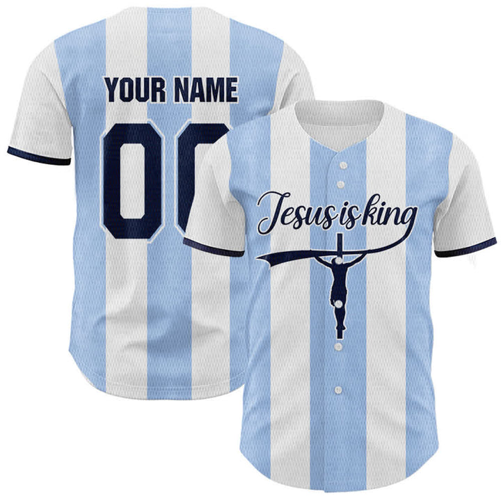 Christianartworkshop Custom Name Number "Jesus Is King" Cross Print Striped Baseball Jersey - image 0