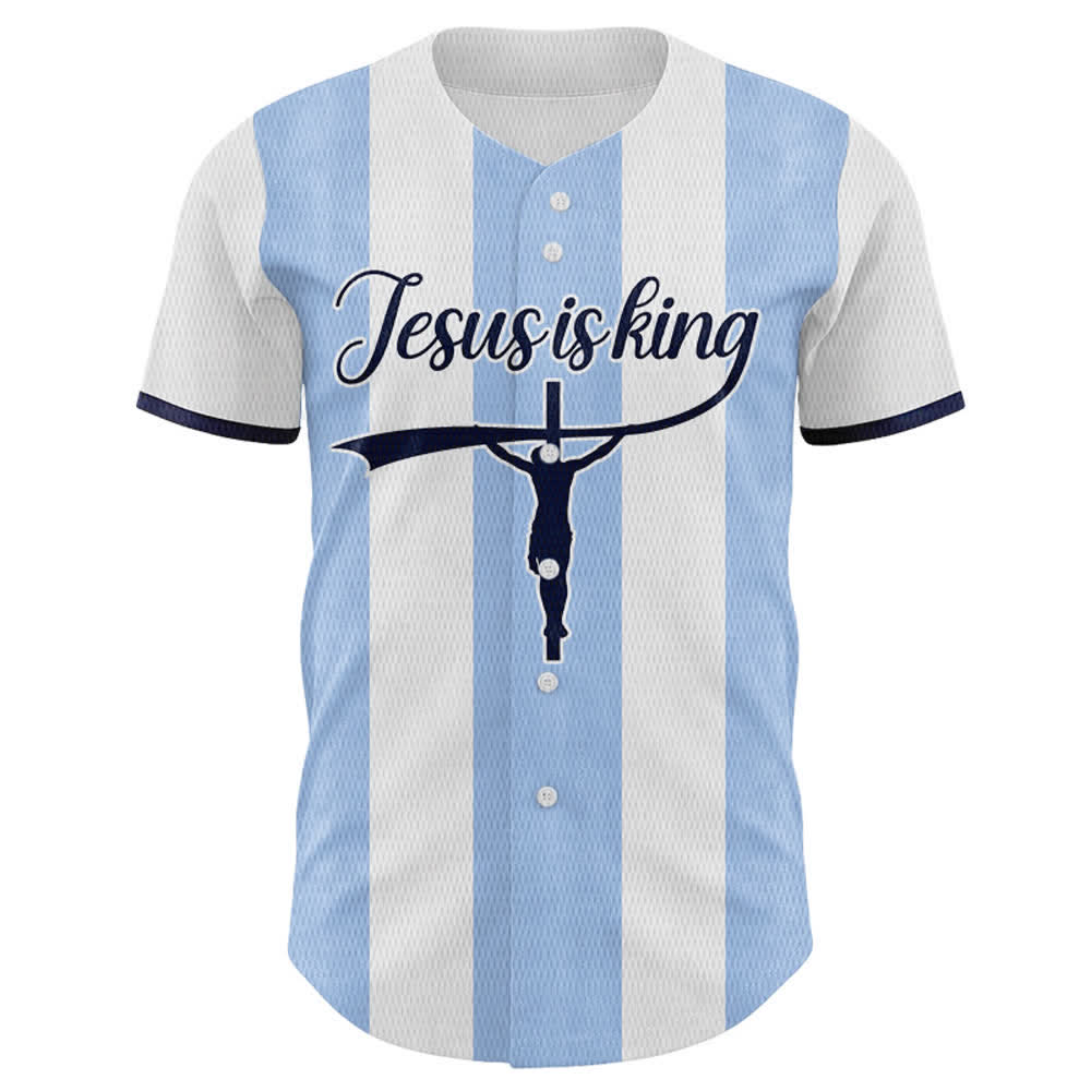 Christianartworkshop Custom Name Number "Jesus Is King" Cross Print Striped Baseball Jersey - image 1