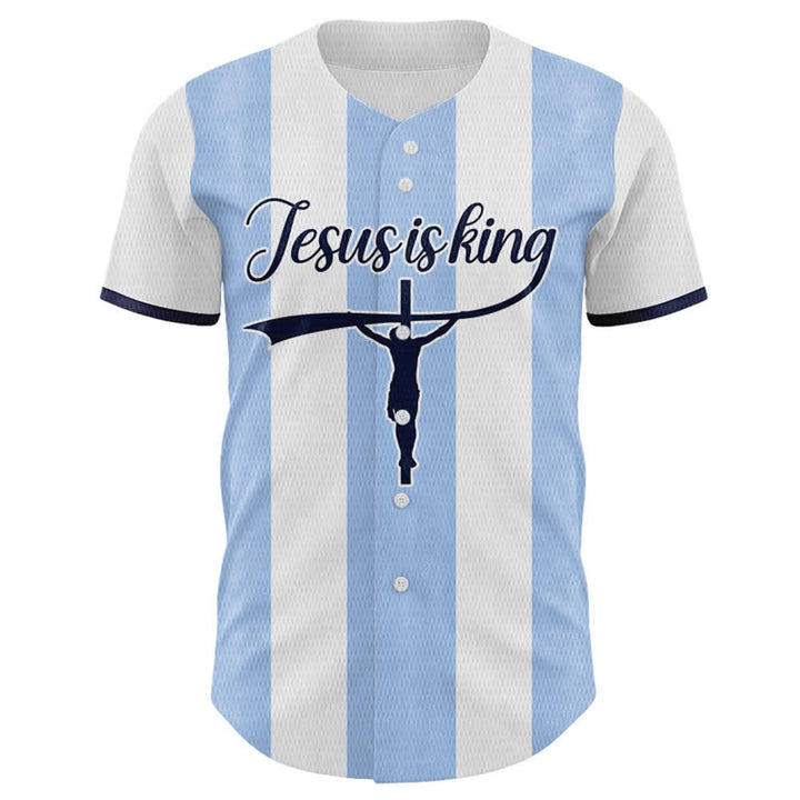 Christianartworkshop Custom Name Number "Jesus Is King" Cross Print Striped Baseball Jersey - image 1
