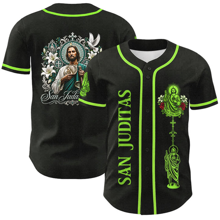 Christianartworkshop Front Vertical San Juditas Rosary Saint Graphic Back Lily Dove Saint Portrait Button-Up Baseball Jersey - image 0