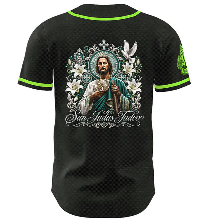 Christianartworkshop Front Vertical San Juditas Rosary Saint Graphic Back Lily Dove Saint Portrait Button-Up Baseball Jersey - image 2
