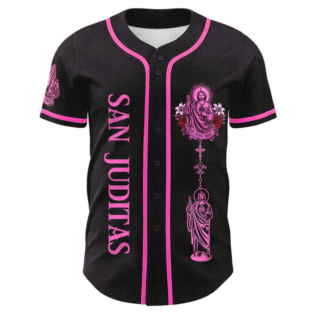 Christianartworkshop Front Vertical San Juditas Rosary Saint Graphic Back Lily Dove Saint Portrait Button-Up Baseball Jersey - image 4