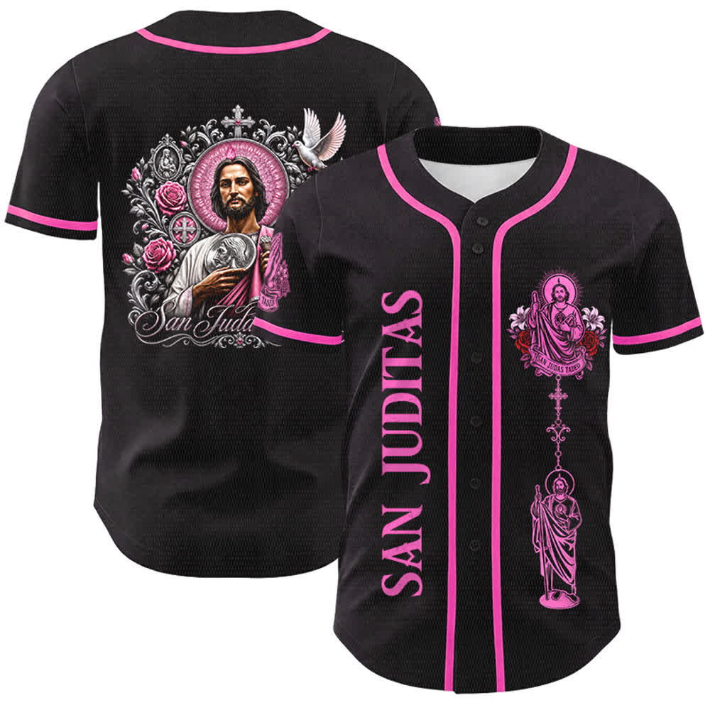 Christianartworkshop Front Vertical San Juditas Rosary Saint Graphic Back Lily Dove Saint Portrait Button-Up Baseball Jersey - image 3