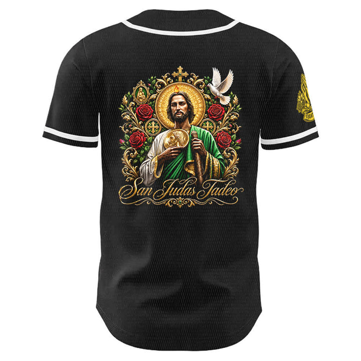 Christianartworkshop Front Vertical San Juditas Rosary Saint Graphic Back Lily Dove Saint Portrait Button-Up Baseball Jersey - image 8