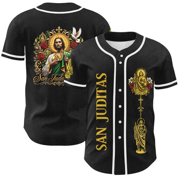 Christianartworkshop Front Vertical San Juditas Rosary Saint Graphic Back Lily Dove Saint Portrait Button-Up Baseball Jersey - image 6