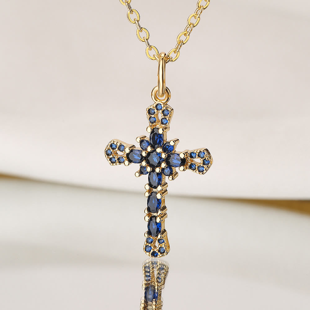 Christianartworkshop Vintage Gem Encrusted Cross Chain Necklace: Emblem of Abiding Heavenly Grace - Dark Blue - image 0
