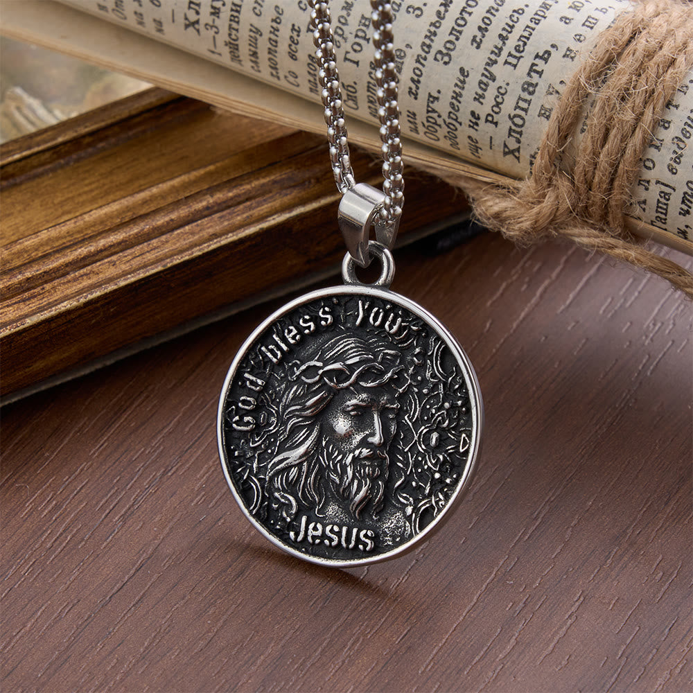 Christianartworkshop Vintage Embossed Jesus Portrait Coin Necklace: Emblem of Abiding Heavenly Blessing - Double-Sided Jesus - image 0