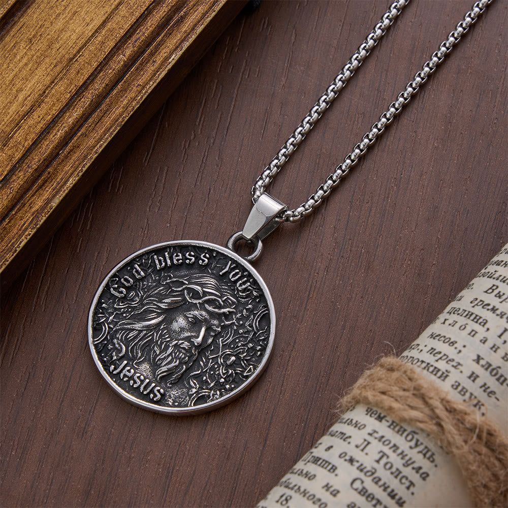 Christianartworkshop Vintage Embossed Jesus Portrait Coin Necklace: Emblem of Abiding Heavenly Blessing - image 1