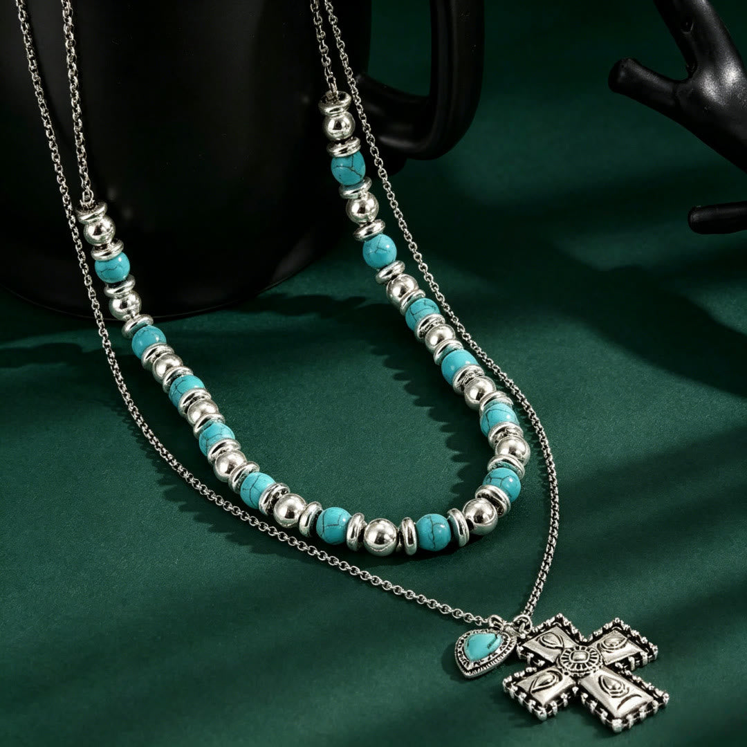 Christianartworkshop Boho Layered Beaded Vintage Cross Necklace: Emblem of Earthy Heavenly Peace - Turquoise-Style Cross - image 0