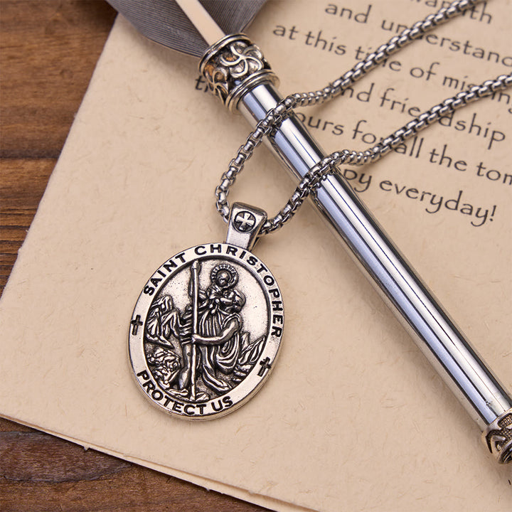 Christianartworkshop Double-Sided Embossed Saint Christopher Oval Medallion Necklace: Emblem of Safe Celestial Travel - Saint Christopher - image 0