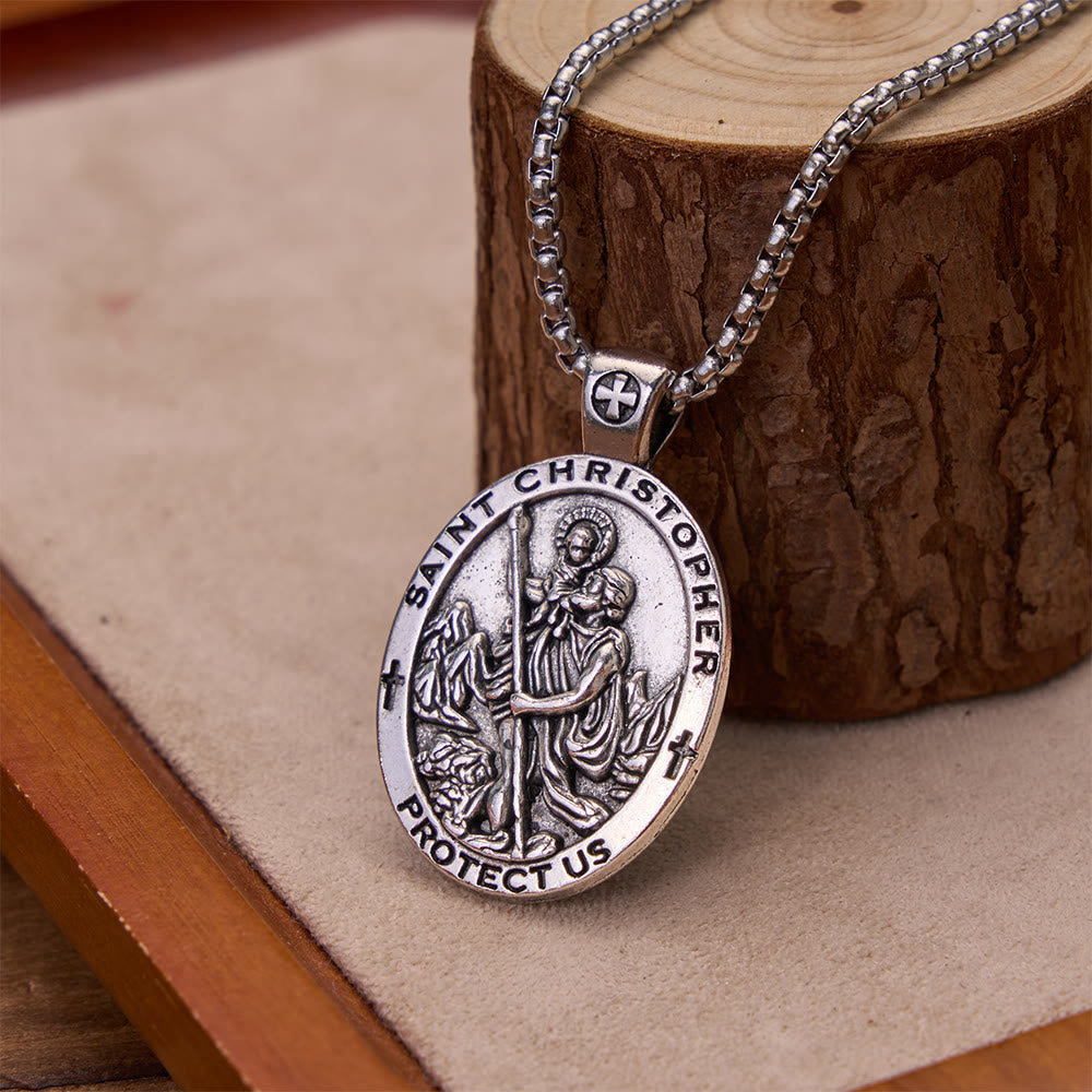 Christianartworkshop Double-Sided Embossed Saint Christopher Oval Medallion Necklace: Emblem of Safe Celestial Travel - image 1