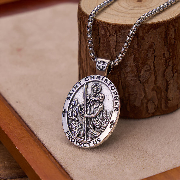 Christianartworkshop Double-Sided Embossed Saint Christopher Oval Medallion Necklace: Emblem of Safe Celestial Travel - image 1