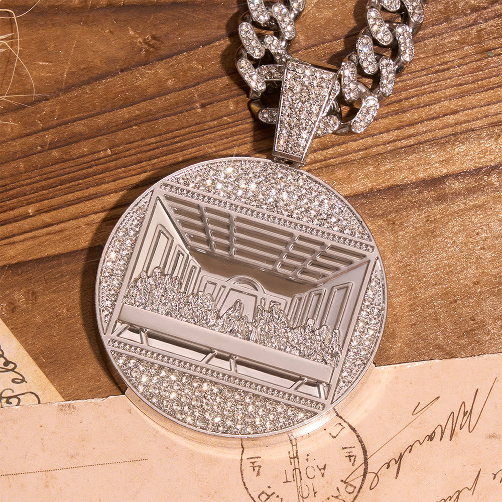 Christianartworkshop Iced The Last Supper Embossed Round Medallion Cuban Chain: Emblem of Sacred Heavenly Fellowship - Silver - image 3