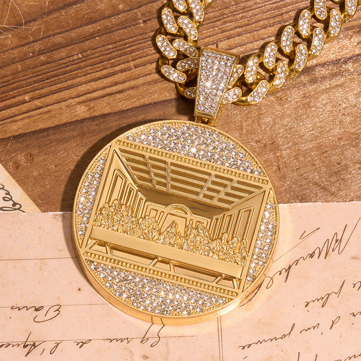 Christianartworkshop Iced The Last Supper Embossed Round Medallion Cuban Chain: Emblem of Sacred Heavenly Fellowship - Golden - image 0