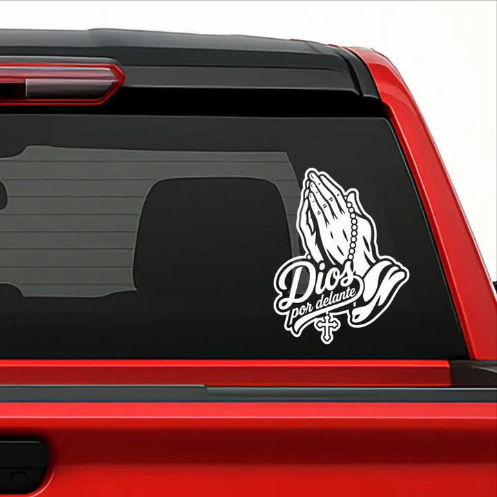 Christianartworkshop Praying Hands with Rosary Dios Por Delante Car Sticker - White - Set of 20 - image 0