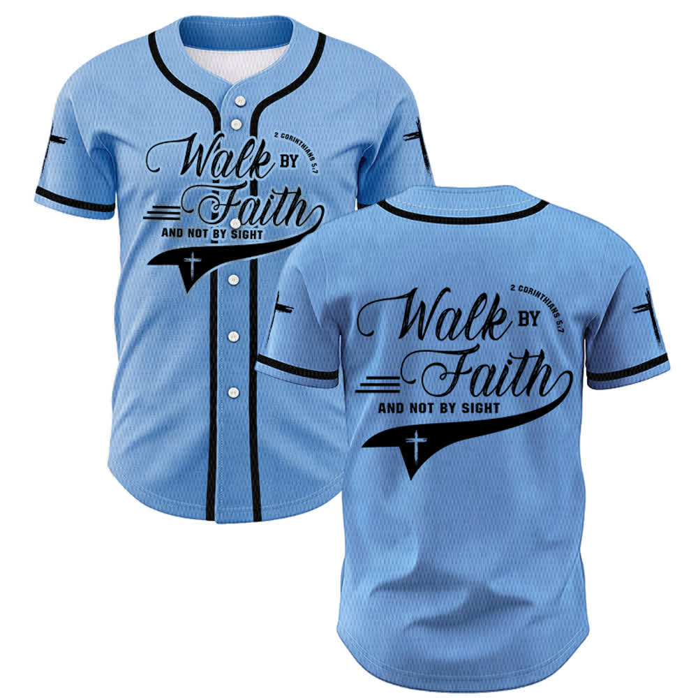 Christianartworkshop 2 Corinthians 5:7 “Walk By Faith And Not By Sight” Cross Statement Baseball Jersey - Blue - 5XL - image 42