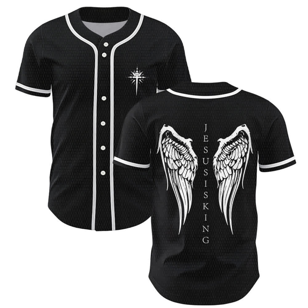 Christianartworkshop Jesus Is King Angel Wings Cross Faith Statement Custom Baseball Jersey - Black - 5XL - image 0