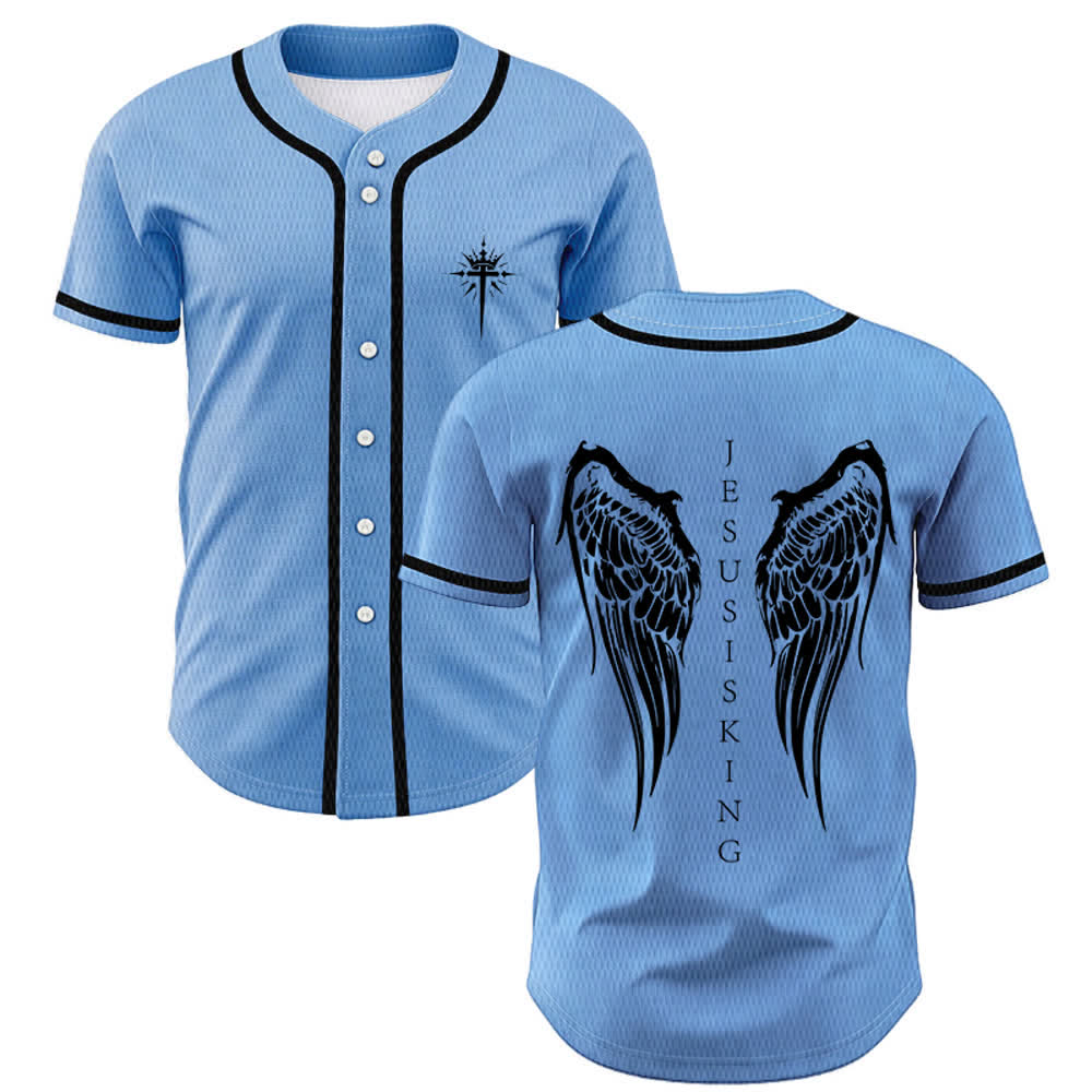 Christianartworkshop Jesus Is King Angel Wings Cross Faith Statement Custom Baseball Jersey - Blue - 5XL - image 42