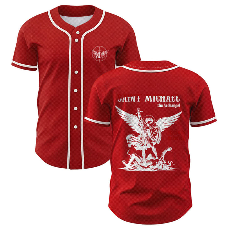Christianartworkshop St.Michael Archangel Defend Us Unisex Baseball Jersey - Red - 5XL - image 14
