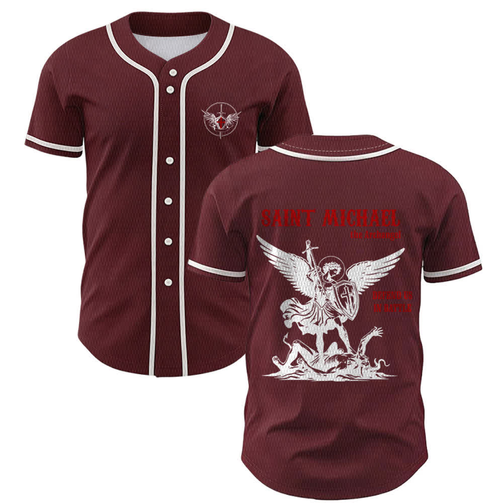 Christianartworkshop St.Michael Archangel Defend Us Unisex Baseball Jersey - Wine - 5XL - image 21