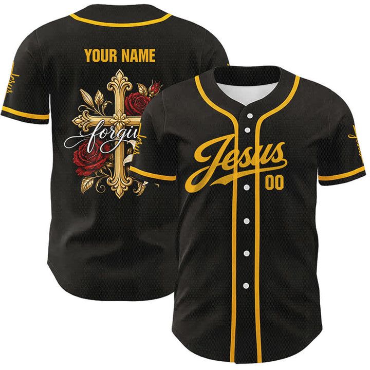 Christianartworkshop Jesus Forgive Golden Cross Red Rose Unisex Custom Baseball Jersey - image 1