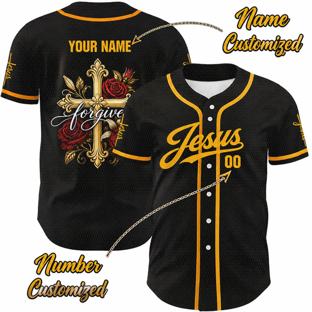 Christianartworkshop Jesus Forgive Golden Cross Red Rose Unisex Custom Baseball Jersey - 5XL - Name & Number Customized - image 0