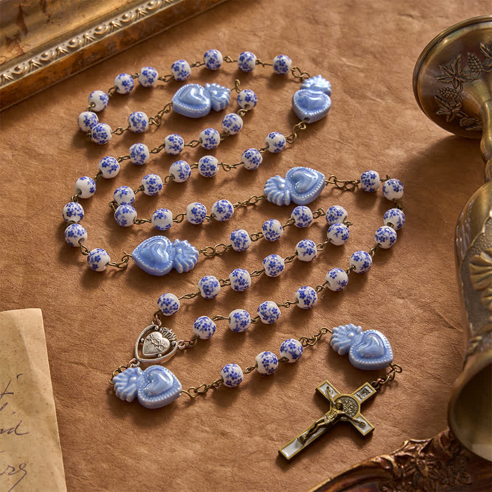 Christianartworkshop Gloss Glaze Sacred Heart Ceramic Prayer Rosary Featuring Sacred Heart Portrait Medallion - Sacred Heart & Blue Floral Beads - image 8