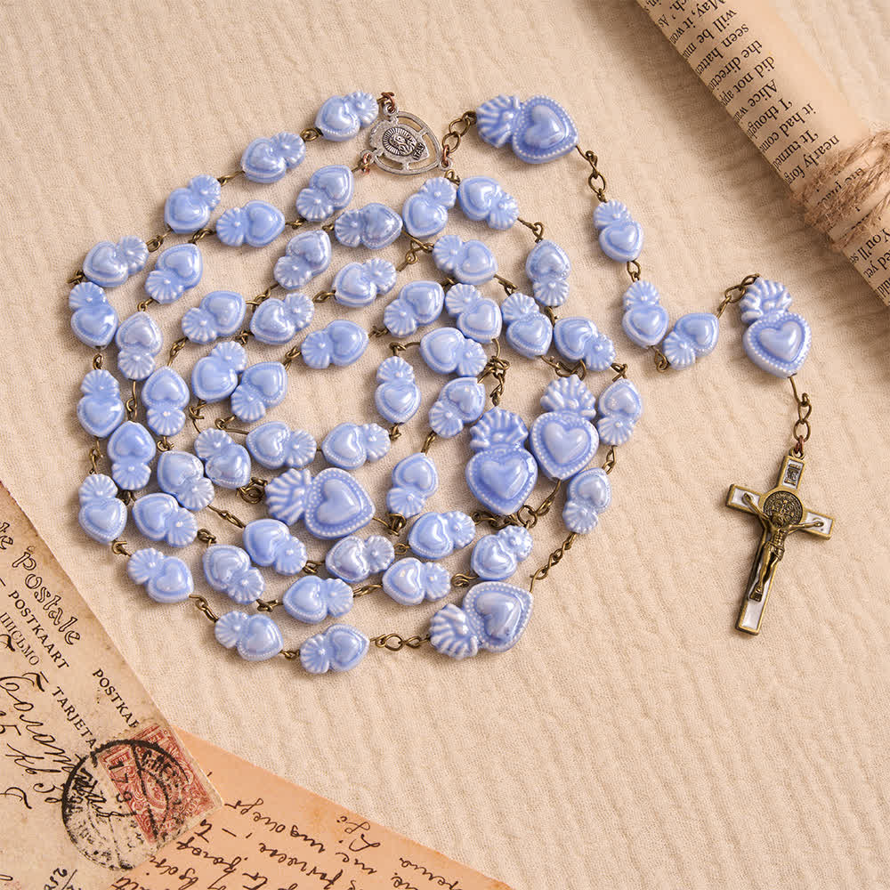 Christianartworkshop Floral Porcelain Sacred Heart Ceramic Rosary With Enamel Trimmed Crucifix - image 12