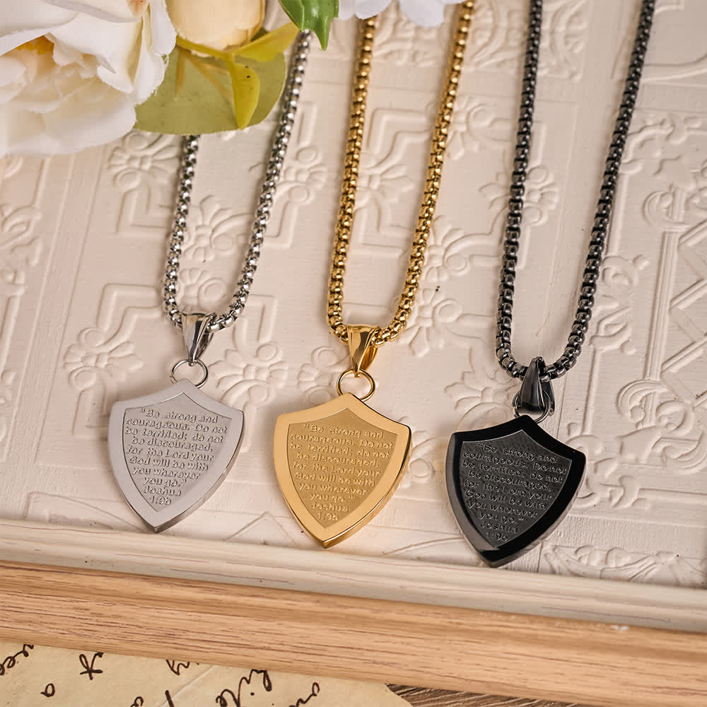 FREE Today: Double Sided Shield Rhinestone Cross Pendant Engraved Amor of God Joshua 1 Verse 9 Box Chain Necklace: Timeless Emblem of Gentle Heavenly Guardianship - image 2