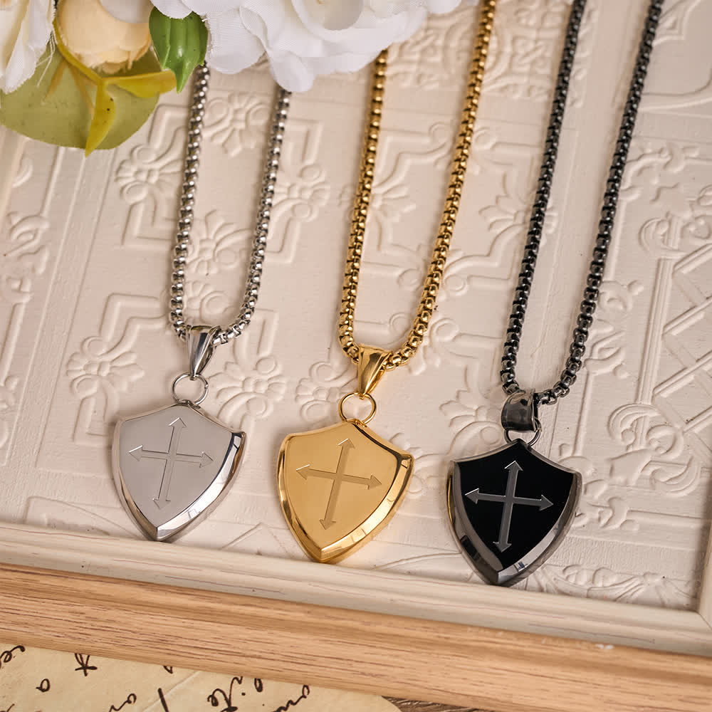 FREE Today: Double Sided Shield Rhinestone Cross Pendant Engraved Amor of God Joshua 1 Verse 9 Box Chain Necklace: Timeless Emblem of Gentle Heavenly Guardianship - image 1