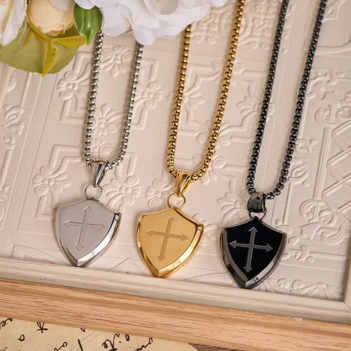 FREE Today: Double Sided Shield Rhinestone Cross Pendant Engraved Amor of God Joshua 1 Verse 9 Box Chain Necklace: Timeless Emblem of Gentle Heavenly Guardianship - image 1
