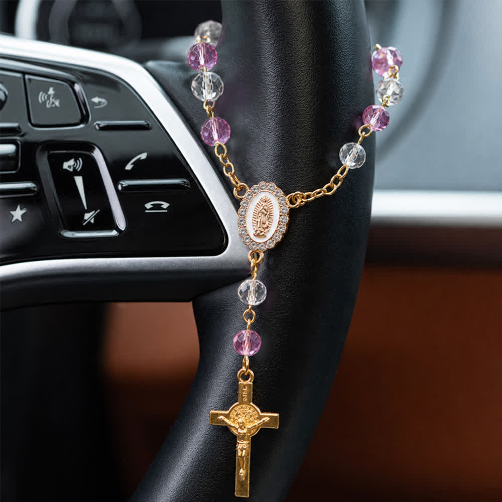 Christianartworkshop Oval Sacred Portrait Our Lady Multi-Tone Bead Crucifix Car Hanging Pendant: A Reminder of Merciful Divine Protection on Every Trip - image 17