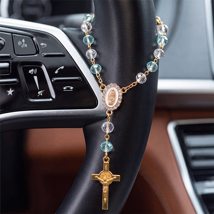 Christianartworkshop Oval Sacred Portrait Our Lady Multi-Tone Bead Crucifix Car Hanging Pendant: A Reminder of Merciful Divine Protection on Every Trip - image 11