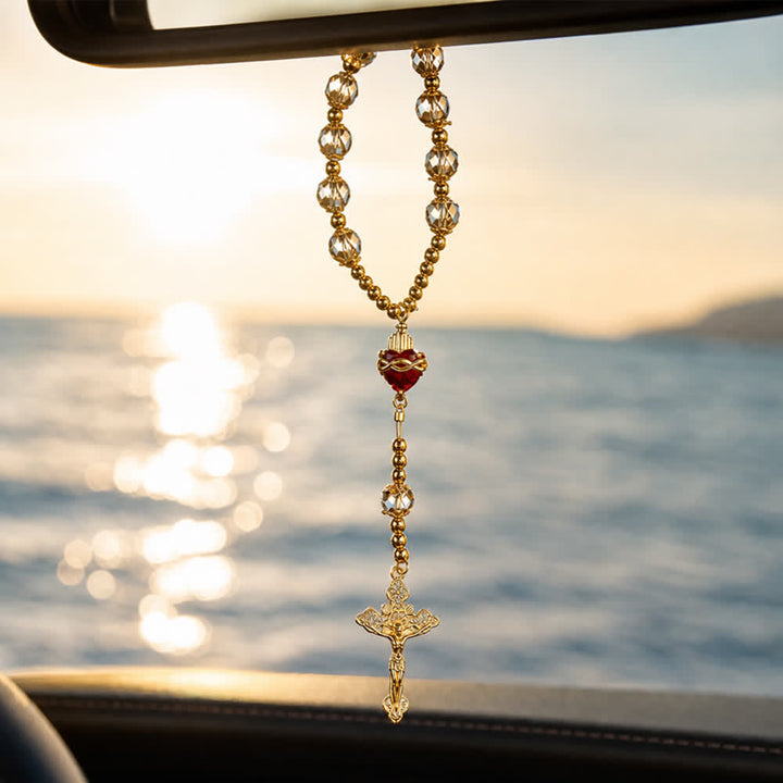 FREE Today: Luxe Champagne-Tone Pocket Rosary With Sacred Heart & Jeweled Crucifix: Dual-Use Prayer & Car Hanging Charm - image 2