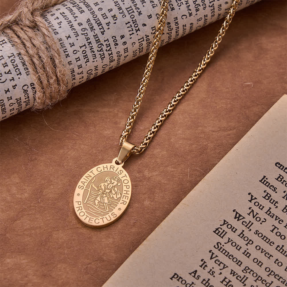 FREE Today: Oval Saint Christopher Engraved Medal Wheat Chain Necklace: Timeless Emblem of Gentle Heavenly Guardianship - Golden - image 3