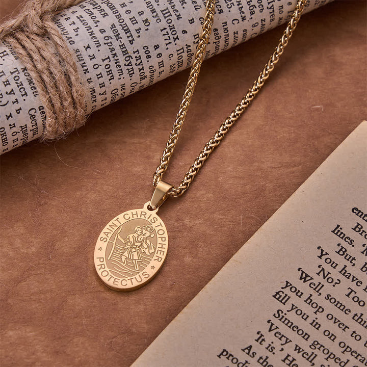 FREE Today: Oval Saint Christopher Engraved Medal Wheat Chain Necklace: Timeless Emblem of Gentle Heavenly Guardianship - Golden - image 3