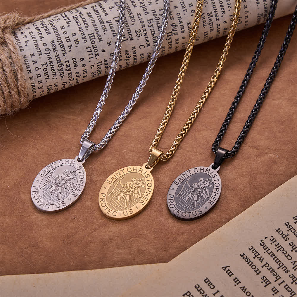 FREE Today: Oval Saint Christopher Engraved Medal Wheat Chain Necklace: Timeless Emblem of Gentle Heavenly Guardianship - image 0